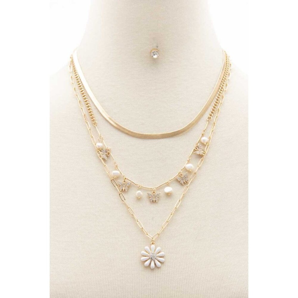 Flower Pendant Butterfly Charm Layered Necklace